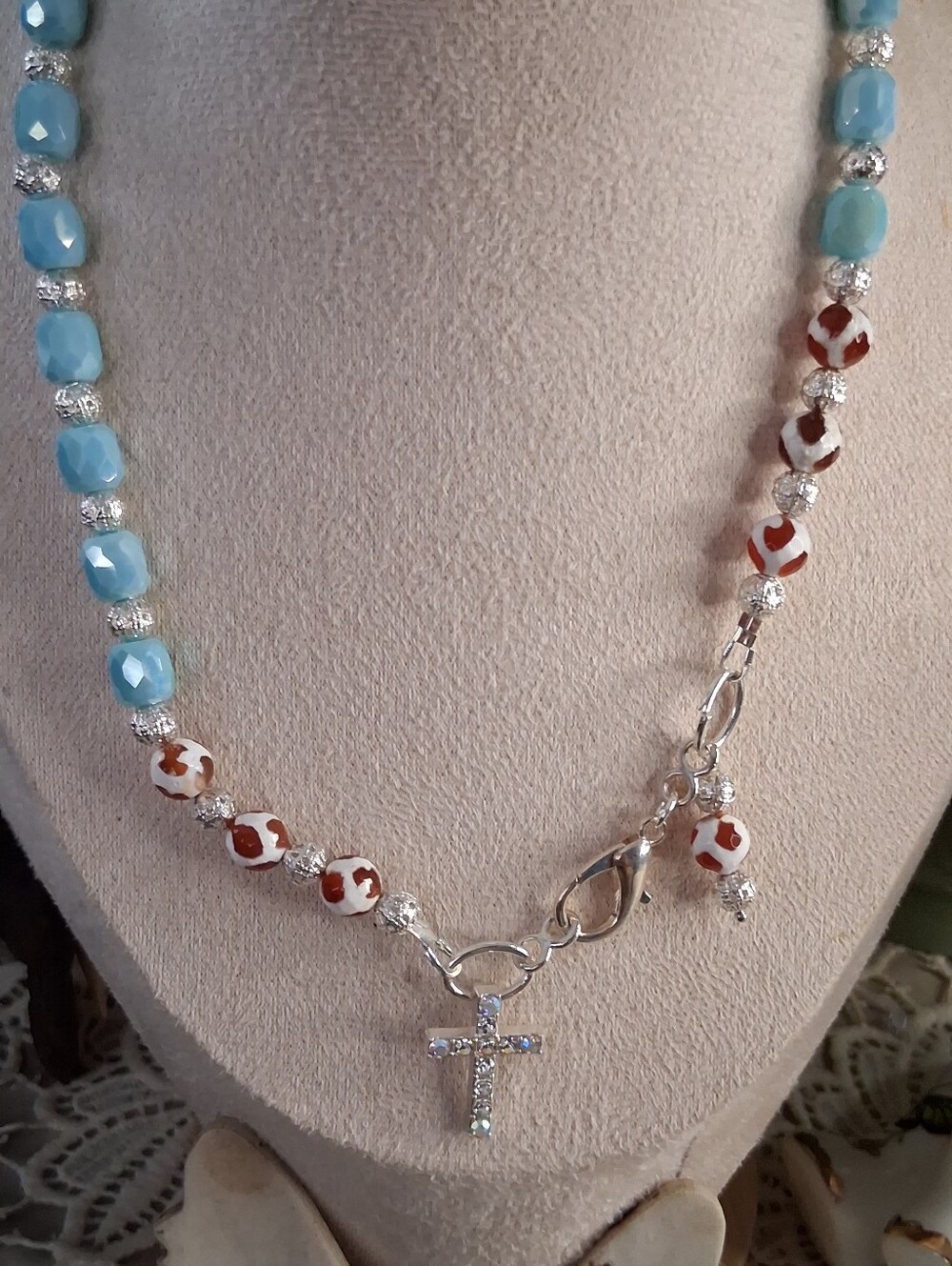 Handmade Blue and White Beaded Cross Necklace